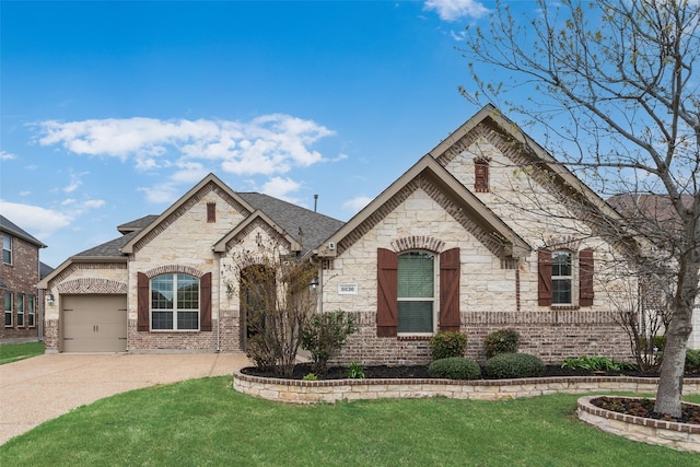 9836 Arctic Dr, Frisco, TX 75035 - french country home featuring concrete driveway, a garage, a front yard, and brick siding