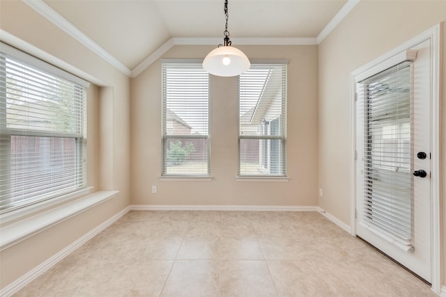 9836 Arctic Dr, Frisco, TX 75035 - unfurnished dining area featuring lofted ceiling, crown molding, light tile patterned floors, and baseboards