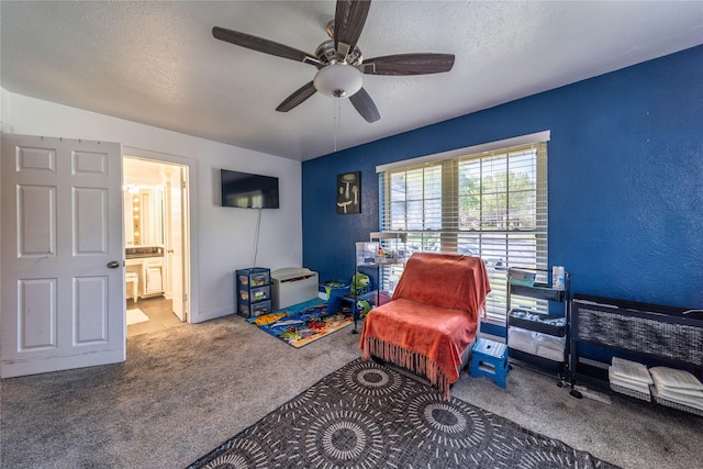6110 Caracas Dr, Dallas, TX 75232 - sitting room with a ceiling fan, a textured wall, carpet flooring, and a textured ceiling