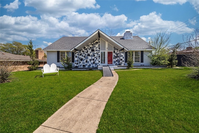 6110 Caracas Dr, Dallas, TX 75232 - mid-century inspired home featuring brick siding, a front yard, a shingled roof, and a chimney