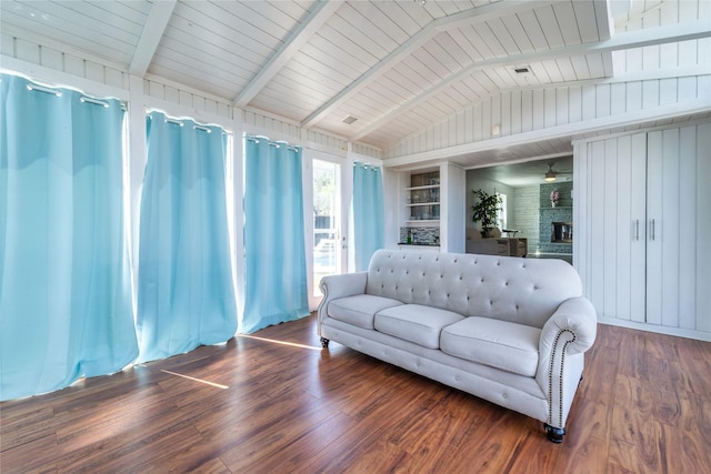 6110 Caracas Dr, Dallas, TX 75232 - living room with vaulted ceiling with beams, a fireplace, and wood finished floors