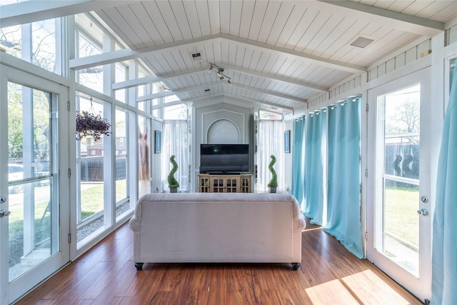 6110 Caracas Dr, Dallas, TX 75232 - living area featuring lofted ceiling with beams, wood finished floors, and wood ceiling