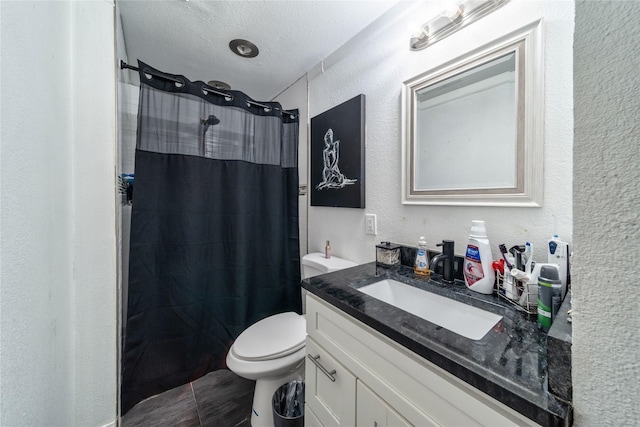 6110 Caracas Dr, Dallas, TX 75232 - bathroom with curtained shower, a textured wall, and vanity