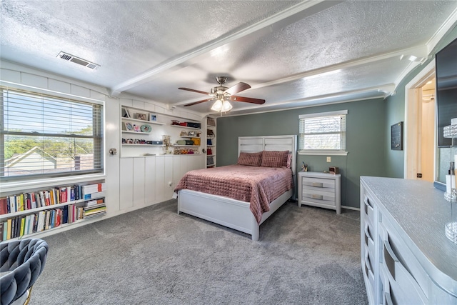6110 Caracas Dr, Dallas, TX 75232 - bedroom featuring visible vents, ceiling fan, carpet floors, and a textured ceiling