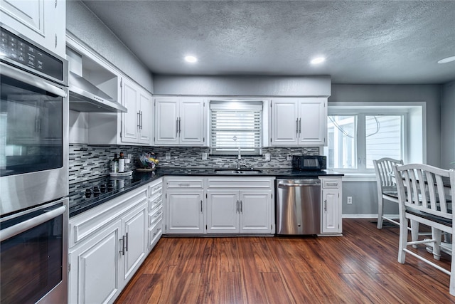 6110 Caracas Dr, Dallas, TX 75232 - kitchen with a sink, dark countertops, appliances with stainless steel finishes, and dark wood-type flooring