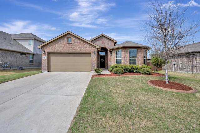 560 Camber St, Saginaw, TX 76131 - ranch-style house with brick siding, a front lawn, an attached garage, and concrete driveway