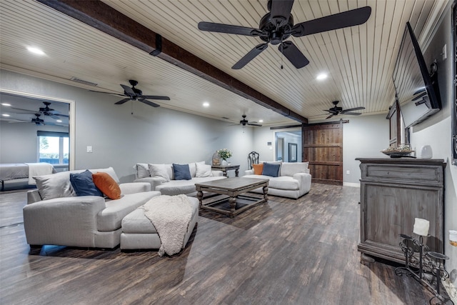 147 Cotton Franklin Rd, Gordonville, TX 76245 - living area featuring a ceiling fan, dark wood-style flooring, beam ceiling, and recessed lighting