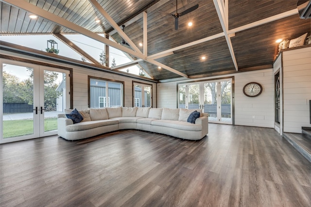 147 Cotton Franklin Rd, Gordonville, TX 76245 - unfurnished living room featuring french doors, high vaulted ceiling, wood walls, and wood finished floors