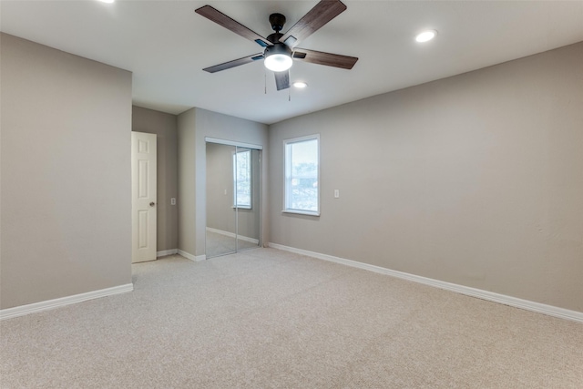 2823 Ingersoll St, Dallas, TX 75212 - empty room featuring light carpet, baseboards, ceiling fan, and recessed lighting