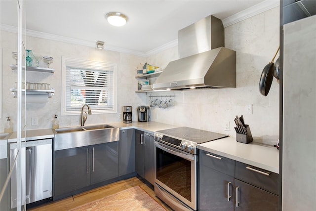 106 Gawayne Dr, Mabank, TX 75156 - kitchen with open shelves, ornamental molding, stainless steel appliances, a sink, and wall chimney exhaust hood