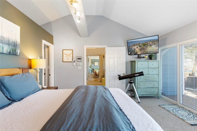 106 Gawayne Dr, Mabank, TX 75156 - bedroom featuring access to outside, vaulted ceiling, and carpet
