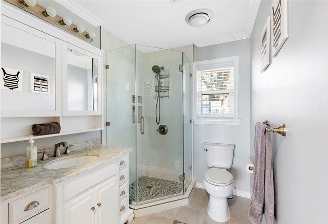 106 Gawayne Dr, Mabank, TX 75156 - bathroom with baseboards, ornamental molding, toilet, vanity, and a stall shower