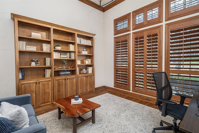 1715 San Jacinto Dr, Allen, TX 75013 - office area with light wood-style flooring, ornamental molding, and baseboards