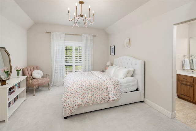 1715 San Jacinto Dr, Allen, TX 75013 - bedroom with lofted ceiling, a chandelier, light carpet, and baseboards
