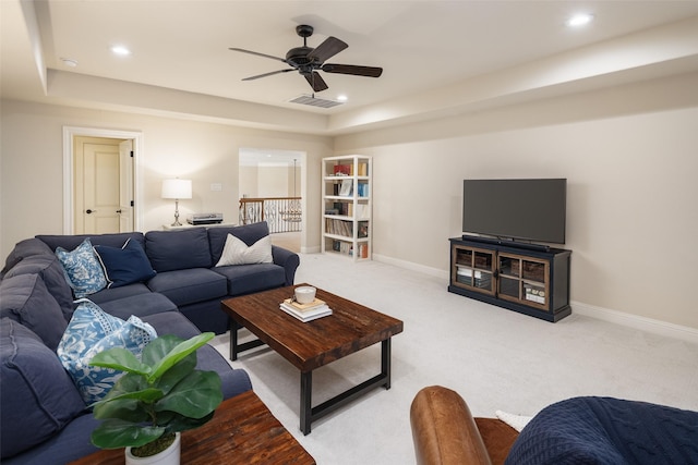 1715 San Jacinto Dr, Allen, TX 75013 - living room with a tray ceiling, ceiling fan, light carpet, baseboards, and recessed lighting
