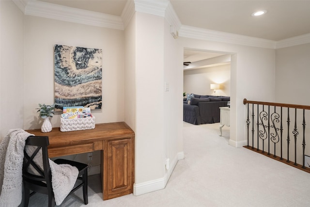 1715 San Jacinto Dr, Allen, TX 75013 - hallway featuring light colored carpet, crown molding, baseboards, an upstairs landing, and recessed lighting