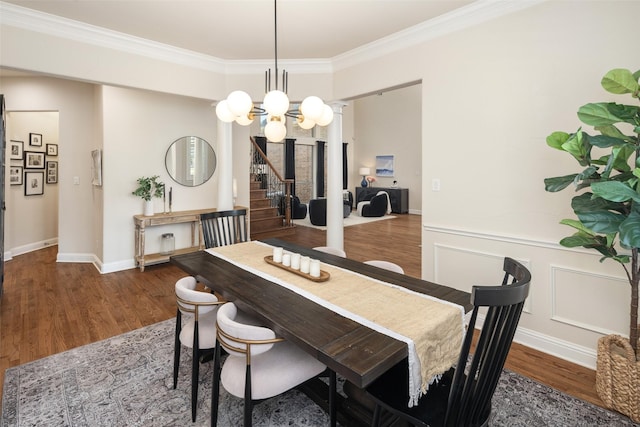 1715 San Jacinto Dr, Allen, TX 75013 - dining space with a chandelier, wood finished floors, crown molding, stairs, and baseboards