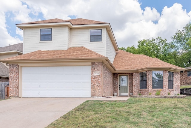 view of front of home with a garage, brick siding, a front lawn, driveway, and roof with shingles