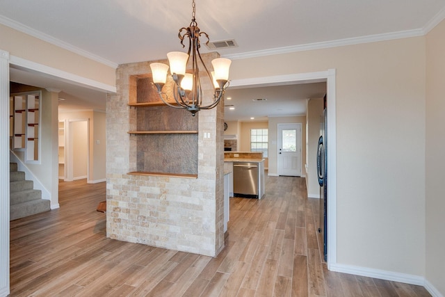 kitchen featuring an inviting chandelier, open shelves, visible vents, dishwasher, and light wood finished floors