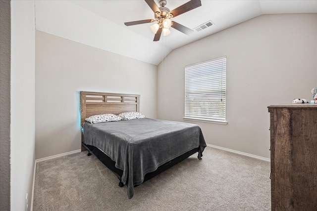 1721 Settlement Way, Aubrey, TX 76227 - bedroom featuring visible vents, vaulted ceiling, ceiling fan, carpet flooring, and baseboards