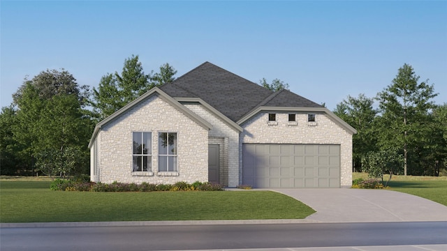 view of front of home with stone siding, a garage, a front lawn, driveway, and a shingled roof