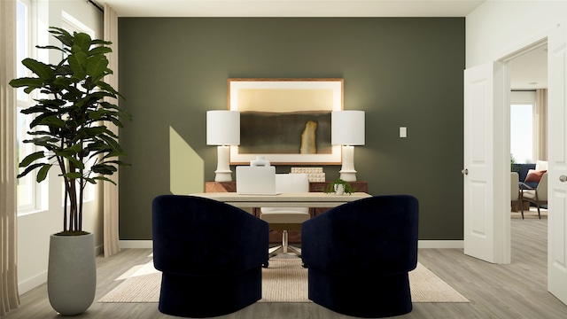 office area featuring plenty of natural light, baseboards, and wood finished floors