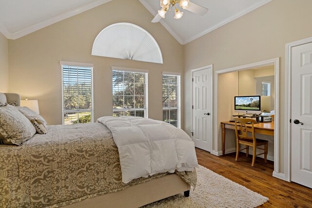 4580 Southgate Dr, Plano, TX 75024 - bedroom with ornamental molding, wood finished floors, a desk, high vaulted ceiling, and ceiling fan