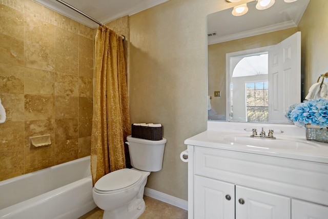 4580 Southgate Dr, Plano, TX 75024 - bathroom featuring toilet, vanity, shower / tub combo, ornamental molding, and tile patterned floors