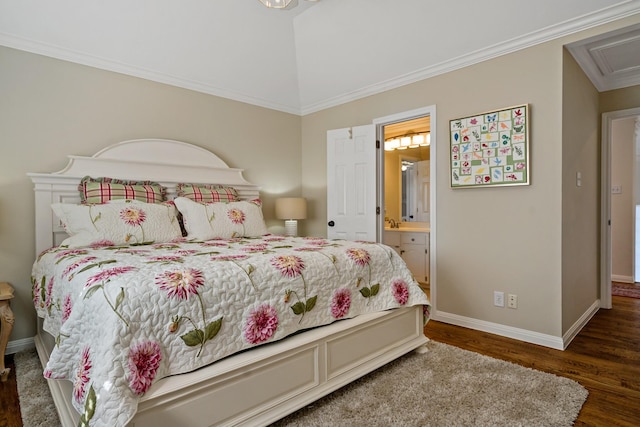 4580 Southgate Dr, Plano, TX 75024 - bedroom with baseboards, wood finished floors, ornamental molding, and connected bathroom