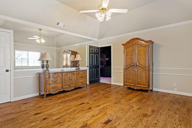 4580 Southgate Dr, Plano, TX 75024 - bedroom with wood finished floors, baseboards, ornamental molding, lofted ceiling, and ceiling fan