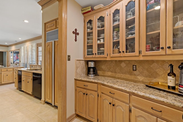 4580 Southgate Dr, Plano, TX 75024 - kitchen featuring black dishwasher, light tile patterned flooring, tasteful backsplash, a sink, and ornamental molding