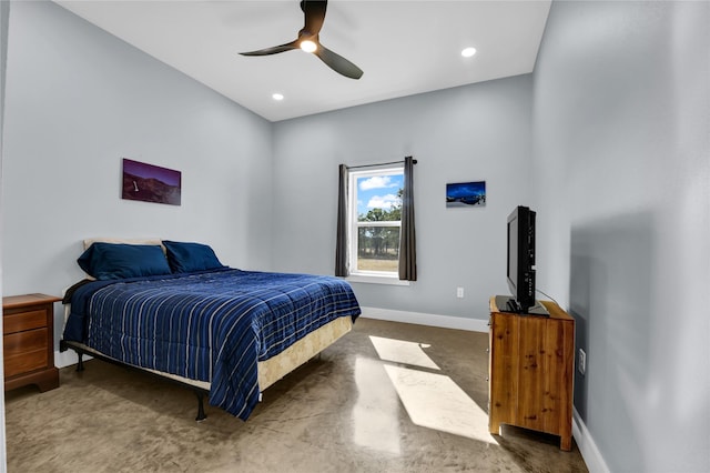 bedroom featuring baseboards, ceiling fan, and recessed lighting