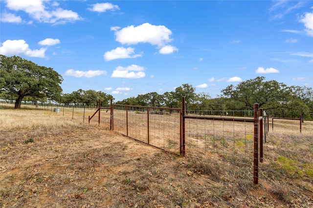 view of yard featuring fence, a gate, and a rural view