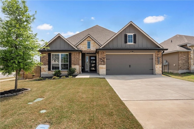 craftsman-style home with board and batten siding, brick siding, driveway, and a front lawn