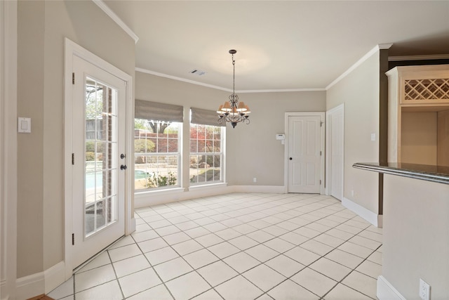 2411 Oak Shadow Ct, Arlington, TX 76017 - unfurnished dining area featuring ornamental molding, light tile patterned floors, a chandelier, baseboards, and plenty of natural light