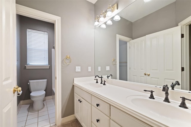 2411 Oak Shadow Ct, Arlington, TX 76017 - bathroom with double vanity, toilet, baseboards, shower / bath combination with curtain, and tile patterned flooring