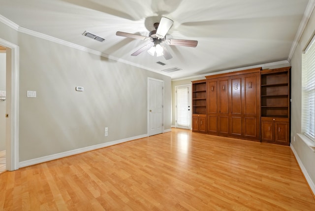 2411 Oak Shadow Ct, Arlington, TX 76017 - unfurnished bedroom with light wood-style floors, crown molding, baseboards, and ceiling fan