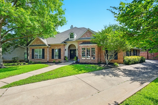2411 Oak Shadow Ct, Arlington, TX 76017 - view of front facade featuring brick siding, a front lawn, and a chimney