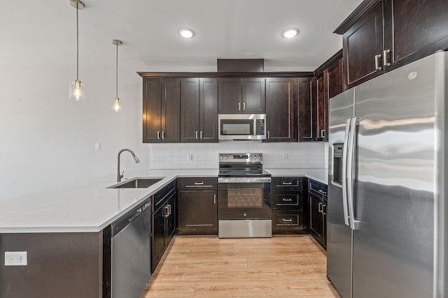 kitchen featuring decorative backsplash, a peninsula, light wood finished floors, appliances with stainless steel finishes, and a sink