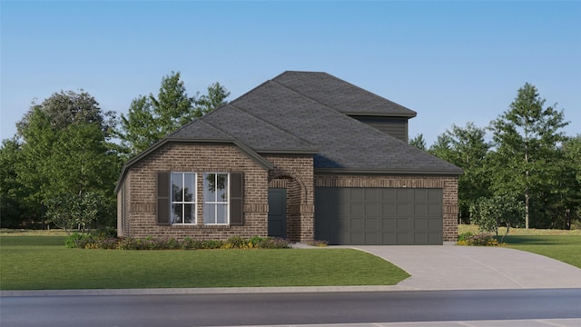 view of front of home with driveway, roof with shingles, brick siding, a front lawn, and a garage
