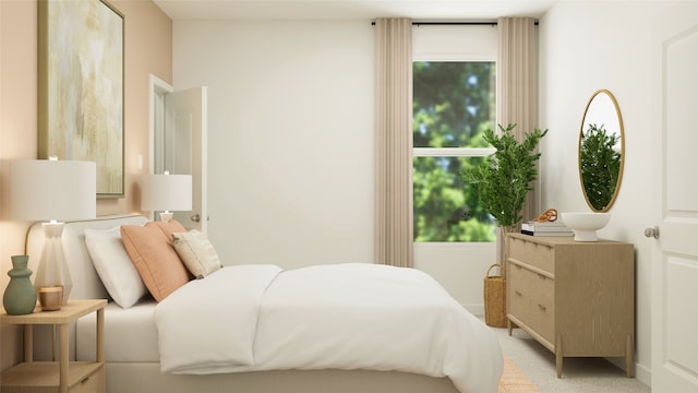 bedroom featuring light colored carpet