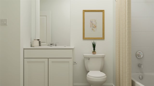 bathroom with shower / bath combination with curtain, toilet, and vanity