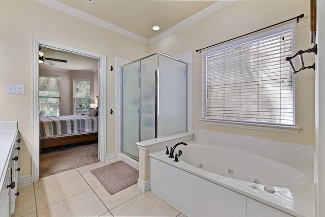 1431 Bonham Pkwy, Lantana, TX 76226 - full bathroom with ensuite bathroom, a stall shower, crown molding, a tub with jets, and tile patterned flooring
