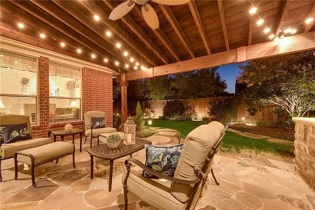1431 Bonham Pkwy, Lantana, TX 76226 - fenced backyard featuring a patio area, ceiling fan, and an outdoor living space