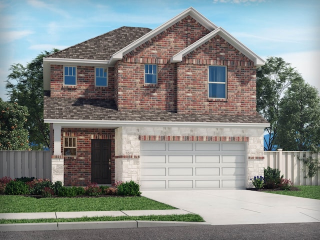 view of front facade with fence, driveway, an attached garage, and brick siding
