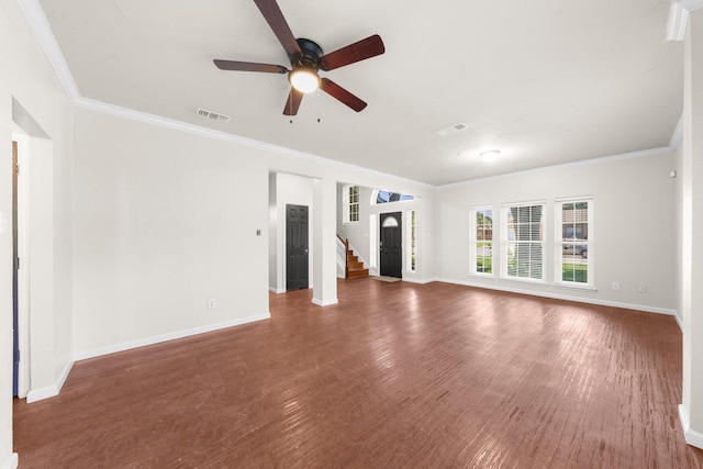 1403 Derby Dr, Kennedale, TX 76060 - unfurnished living room with ceiling fan, crown molding, wood finished floors, and stairs