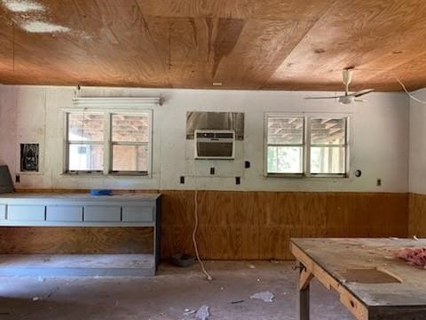 kitchen with wooden ceiling, a ceiling fan, a wall unit AC, wood walls, and wainscoting