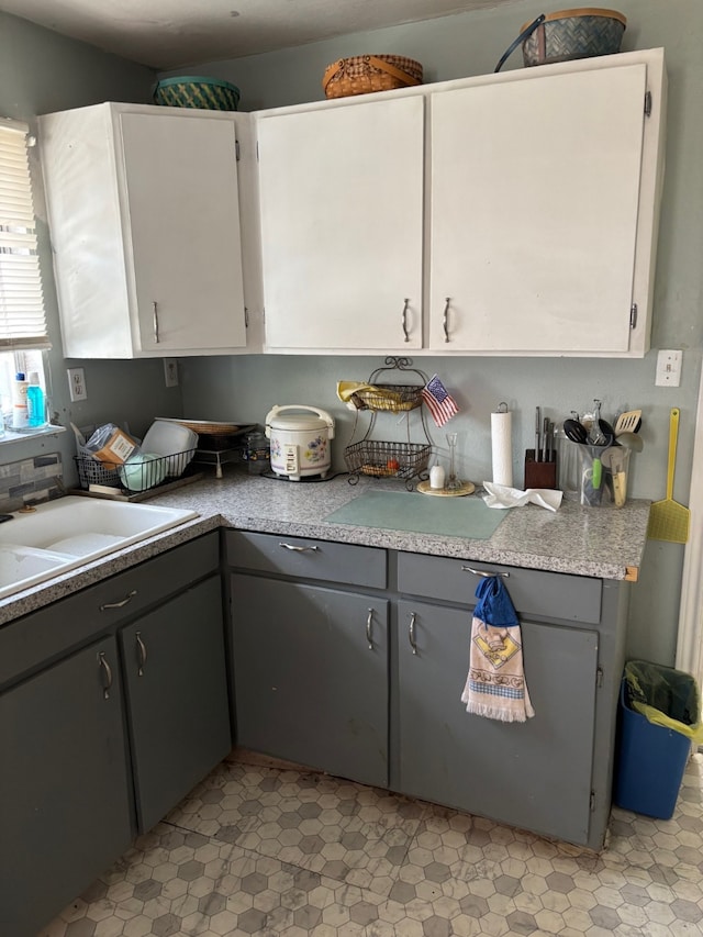 8947 Adams Cir, Cresson, TX 76035 - kitchen with a sink, gray cabinetry, white cabinetry, and light countertops