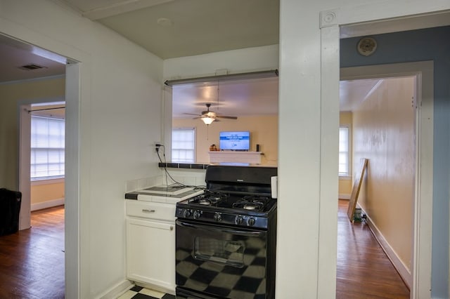 kitchen with black range with gas cooktop, a wealth of natural light, ceiling fan, and visible vents