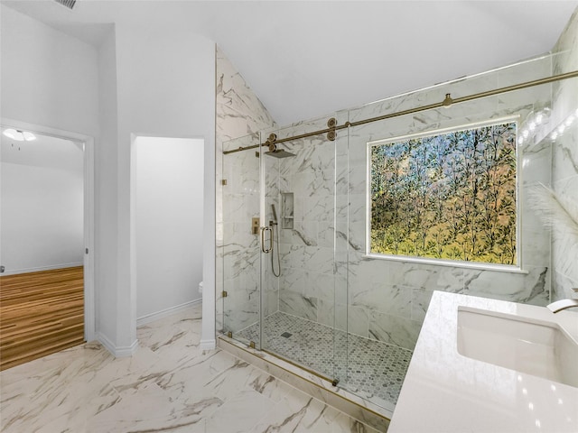 4512 Stepping Stone Dr, Fort Worth, TX 76123 - full bathroom featuring toilet, a sink, a marble finish shower, lofted ceiling, and marble finish floor